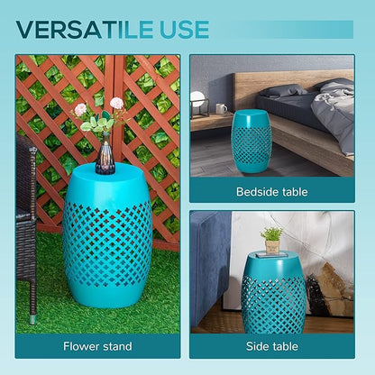 Outsunny 12" Steel Outdoor Side Table, Round Hollow Drum Patio End Table, Accent Table for Indoor and Outdoor, Blue