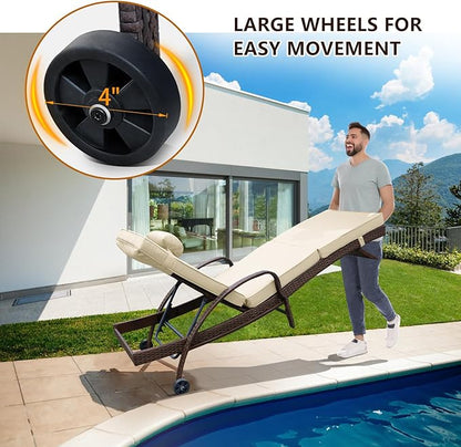 NOBLEMOOD Outdoor Lounge Chairs Set of 4 Beach Wicker Chaise Lounge with Wheels, Cushion, Adjustable Backrest and Pillow for Outside Pool Sun Shelf Tanning Bathing (Khaki)