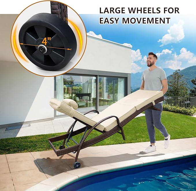 NOBLEMOOD Outdoor Lounge Chairs Set of 2 Wicker Chaise Lounge with Wheels, Cushion, Adjustable Backrest for Outside Pool Sun Shelf Tanning Bathing (Khaki)