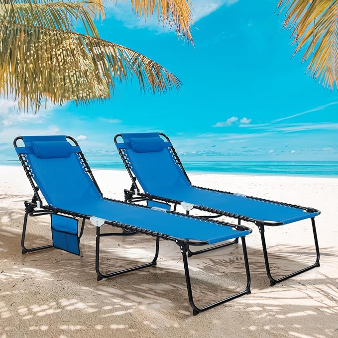 Goplus Chaise Lounge Chair, Outdoor Folding 5-Postion Beach Lounge Chair with Detachable Pillow, Side Pocket, Adjustable Tanning Chair for Patio Lawn Pool Yard