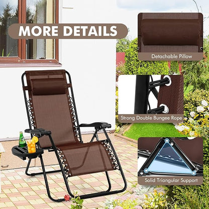 Giantex Zero Gravity Reclining Chair, Outdoor Patio Recliner with Cup Holder & Removable Pillow, Adjustable Backrest, Indoor Lounge Chair for Backyard, Garden, Poolside (Brown)