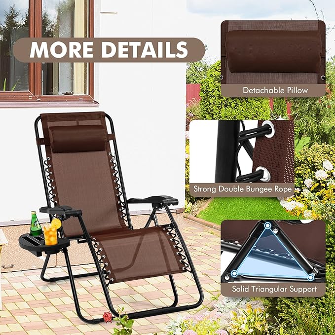 Giantex 2 PCS Zero Gravity Chair, Outdoor Chaise Lounge with Cup Holder, Patio Folding Chairs Recliner for Yard Pool Lawn Balcony
