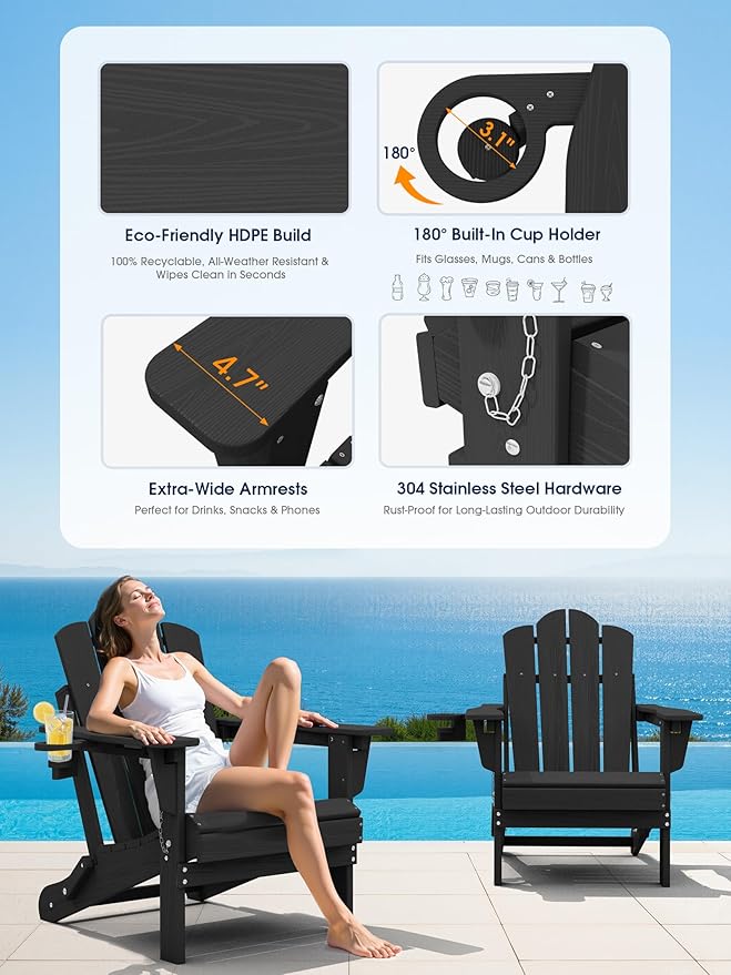 KINGYES Adjustable Folding Adirondack Chair Set of 4, 3-Position Reclining Adirondack Chairs with Cup Holder - Photo 5