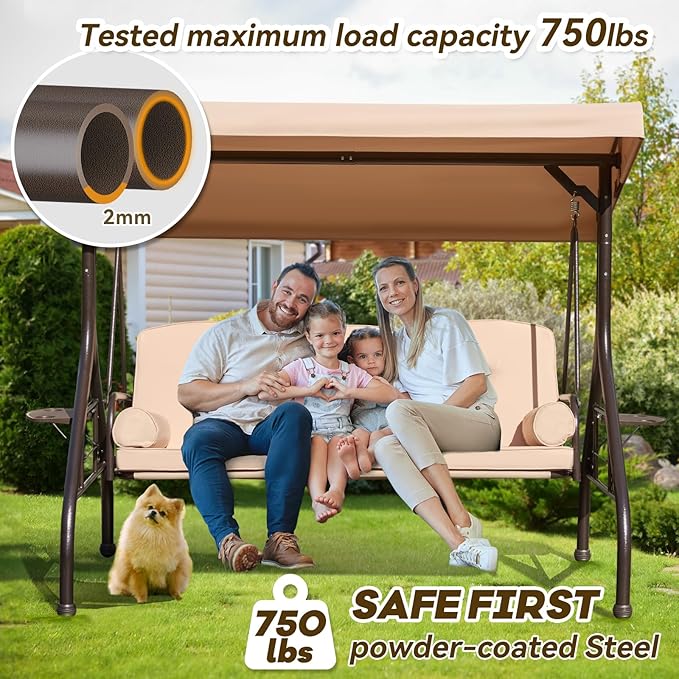 3 in 1 Outdoor Porch Swing with Adjustable Canopy, 3 Seat Outdoor Swing for Adults - Photo 2