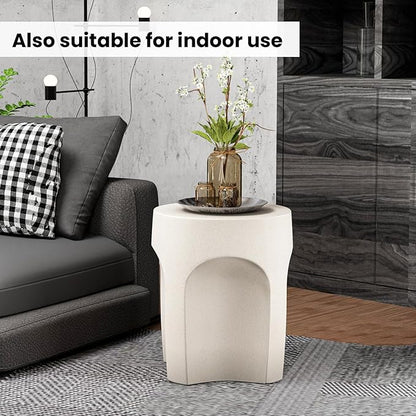 SUNBURY Outdoor Side Tables, 17" H Concrete Accent End Table, Indoor Small Round Patio End Plant Stands Outside, Garden Stools for Yard, Arch Shape Spotted White