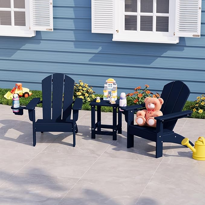 WestinTrends Malibu 3-Piece Kids HDPE Adirondack Chairs Set with Square Side Table and Cup Holders, Navy Blue