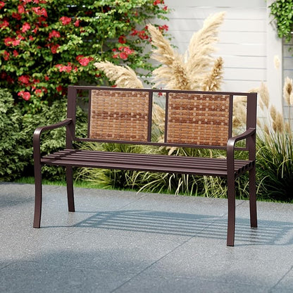 Giantex Outdoor Bench with PE Rattan Backrest, Curved Armrests, Slatted Seat for 2-3 Persons, Heavy-Duty Outdoor Seating Furniture, Garden Bench for Patio, Backyard, Poolside, Porch, Park, Brown