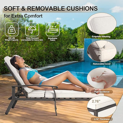 Chaise Lounge Chair Outdoor with Wheels, Cast Aluminum Tanning Chair with Beige Cushion, for Outside Beach Patio Pool Lawn with Adjustable 5 Position Recliner, 1 Pack
