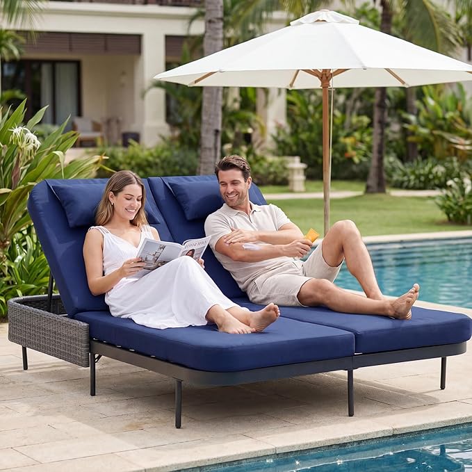 NICESOUL Double Chaise Lounge Outdoor, 51.2" Wide 2-Person Daybed with Independent Recline - Photo 3