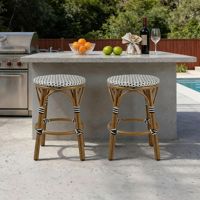 PURPLE LEAF Patio French Round Counter Stool Set of 2 Large 26" Rattan Backless Barstool Bamboo Print Aluminum Frame with Woven Wicker for Indoor Outdoor Island Bar Chair White and Black