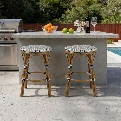 PURPLE LEAF Patio French Round Counter Stool Set of 2 Large 26" Rattan Backless Barstool Bamboo Print Aluminum Frame with Woven Wicker for Indoor Outdoor Island Bar Chair White and Black