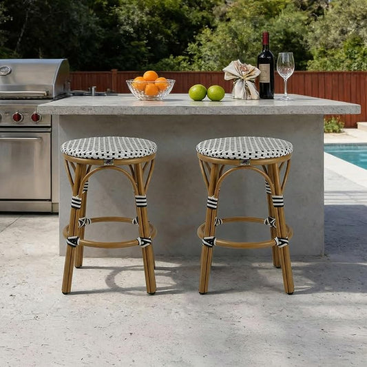 PURPLE LEAF Patio French Round Counter Stool Set of 2 Large 26" Rattan Backless Barstool Bamboo Print Aluminum Frame with Woven Wicker for Indoor Outdoor Island Bar Chair White and Black
