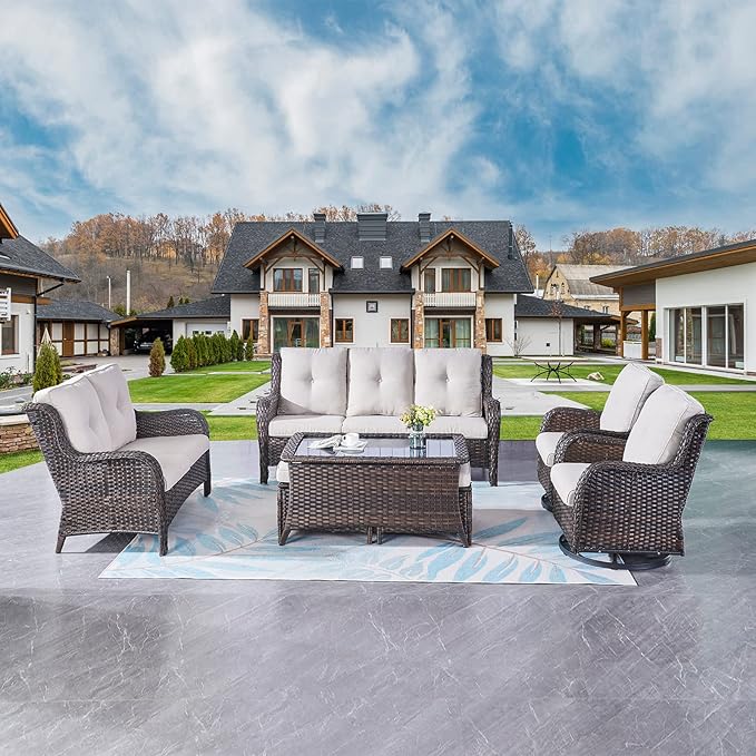 Rilyson Wicker Patio Furniture Set - 7 PC Rattan Outdoor Sectional Conversation Sets with 2 Rocking Swivel Chairs - Photo 2