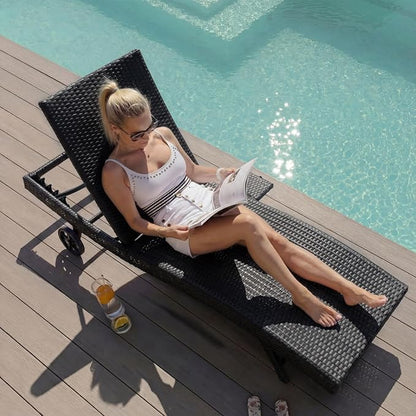 Set of 6 Outdoor Chaise Lounge Chairs with Wheels, Pull-Out Side Table, 5-Position Adjustable Backrest, All-Weather Wicker Patio Pool Lounge Chairs for Poolside, Backyard, Deck, Black