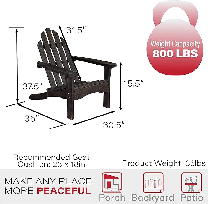 Amish Casual Heavy Duty Adirondack Chair in Semi-Solid Black Stain - Authentic Amish Craftmanship from Treated Pine, Outdoor Chair Made in The USA, 800 Lb Weight Capacity