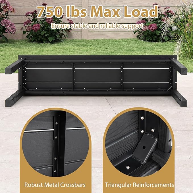 Giantex 55" HDPE Outdoor Bench, 2-3 People Weatherproof Backless Patio Garden Bench with 750 Lbs Capacity, Fade Resistant Outside Seating Furniture, Loveseat for Porch, Yard, Park (2,Black)