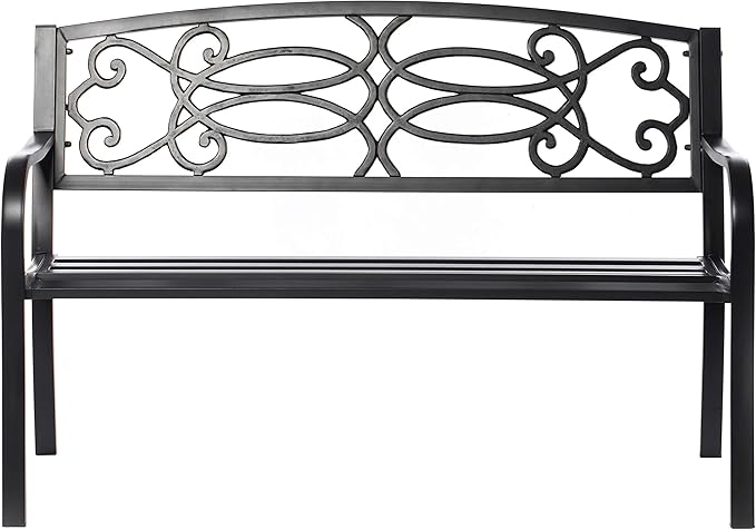 Gardenised QI003772 Steel Outdoor Patio Garden Park Seating Bench with Cast Iron Scrollwork Backrest, Front Porch Yard Bench Lawn Decor