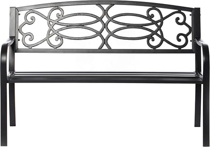 Gardenised QI003772 Steel Outdoor Patio Garden Park Seating Bench with Cast Iron Scrollwork Backrest, Front Porch Yard Bench Lawn Decor