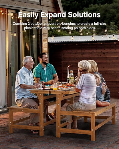 YEFU Convertible Bench Picnic Table: HIPS Convert a Bench with Umbrella Hole - Foldable Space-Saving Picnic Outdoor Benches for Outside Patio Porch Backyard Park Garden Teak