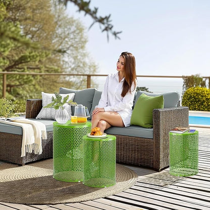 Outvita Outdoor Nesting Tables Set of 3, Heavy Duty Metal Frame Accent Modern End Table, Portable Side Table for Indoor, Outdoor, Living Room, Clover Pattern - Green