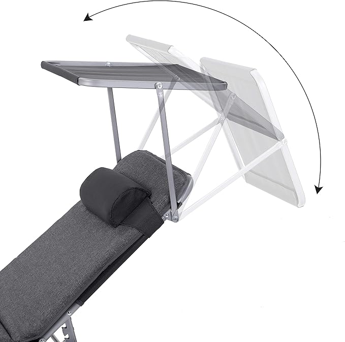 SONGMICS Sun Lounger, Patio Chaise Lounge Chair, Folding, with Canopy, Cushion, 76 x 20.9 x 11.4 Inches, Holds 330 lb, Headrest, Adjustable Backrest, Outdoor Garden Pool, Dark Gray UGCB19UMV1