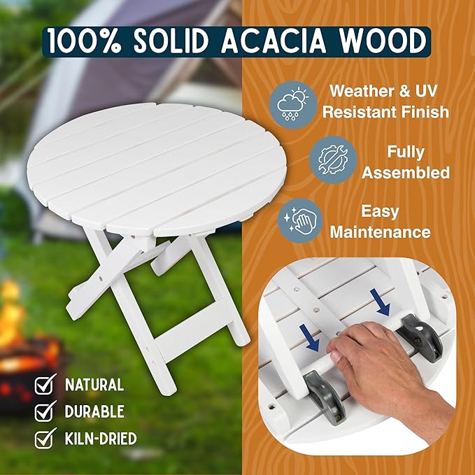 Shine Company Indoor/Outdoor Adirondack Round Folding Acacia Wooden Side Table, Oak