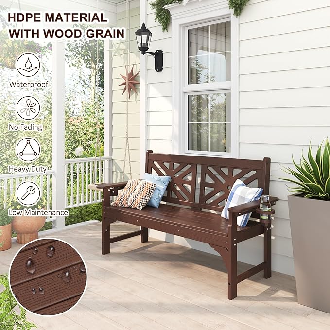 nalone Outdoor Bench with Cup Holders, HDPE All Weather Porch Bench Load up to 800 Lbs, 2-Person Garden Benches Rot-Proof Fade Proof for Patio, Porch, and Park (Brown)