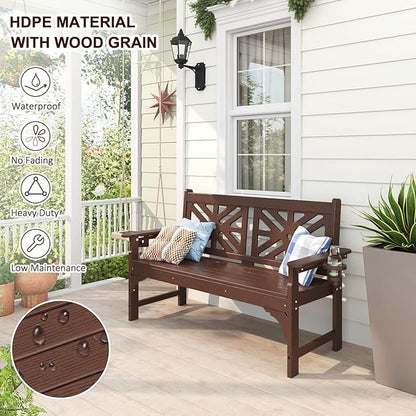 nalone Outdoor Bench with Cup Holders, HDPE All Weather Porch Bench Load up to 800 Lbs, 2-Person Garden Benches Rot-Proof Fade Proof for Patio, Porch, and Park (Brown)