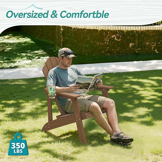 Wood-Grain HDPE Adirondack Chairs Set of 2, Weather Resistant Outdoor Seating with Hidden Cup Holder for Porch, Cabin, Deck & Fire Pit, Brown