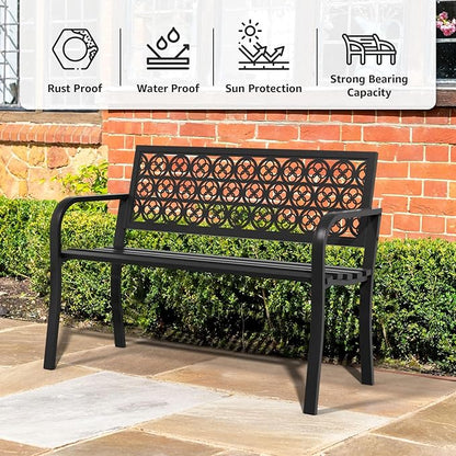 Outdoor Bench Garden Bench Patio Bench,Weatherproof Anti-Rust Metal Powder Coated Frame Park Bench,Metal Bench for Yard & Porch & Park (Wreath)