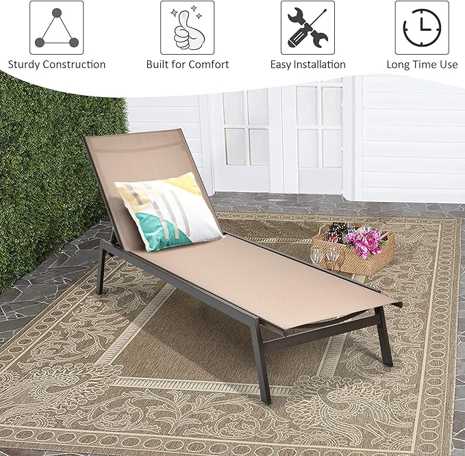 COSTWAY Patio Lounge Chair Outdoor, 6-Position Backrest Adjustable Pool Lounger, Metal Frame & Breathable Fabric - Photo 8