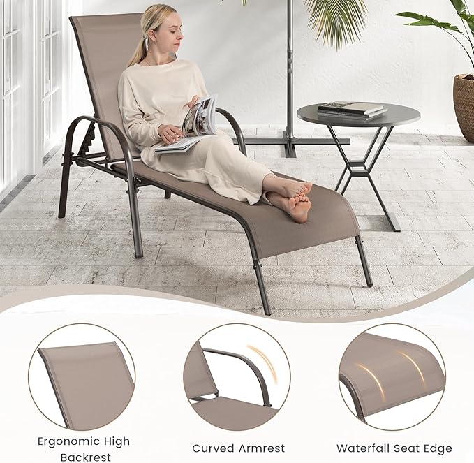 Nightcore Chaise Lounge Chair Outdoor, Pool Chair with 5 Adjustable Backrest, Patio Lounge Chairs with Breathable Fabric, Comfortable Armrest, Chaise Lounge for Patio, Pool, Bench (2, Brown)