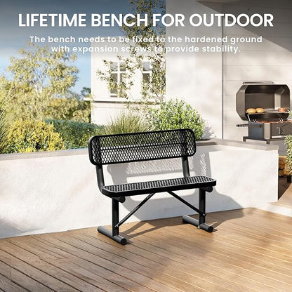 4 Feet Heavy Duty Metal Park Bench for Outside, Outdoor Bench with Backrest & Portable Frame, Commercial Benches for Shopping Malls, Stores, Parks, Patios, Decks, Black