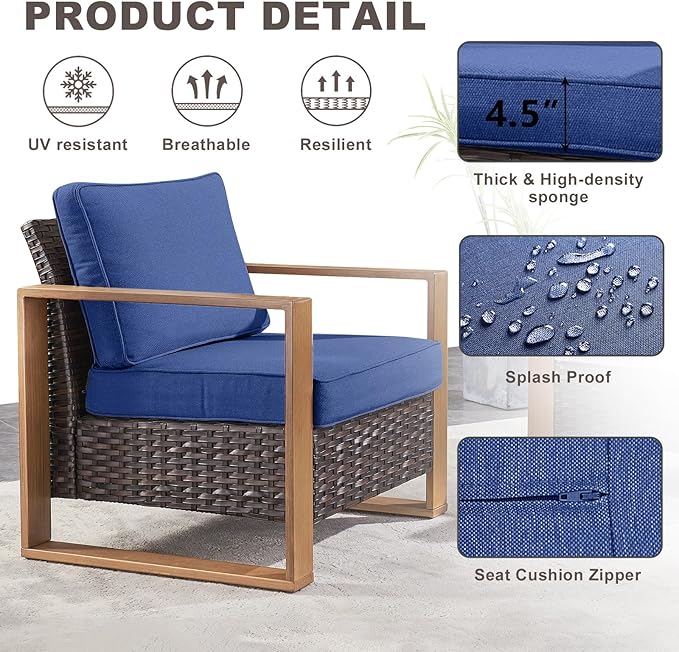 Rilyson 3 Piece Wicker Patio Furniture Set,Patio Bistro Set with 2 Rattan Armrest Chairs and 1 Side Table,Sturdy Frame,All-Weather PE Wicker,Wide Armrest,Deep Seating and Thick Cushions(Brown/Blue)