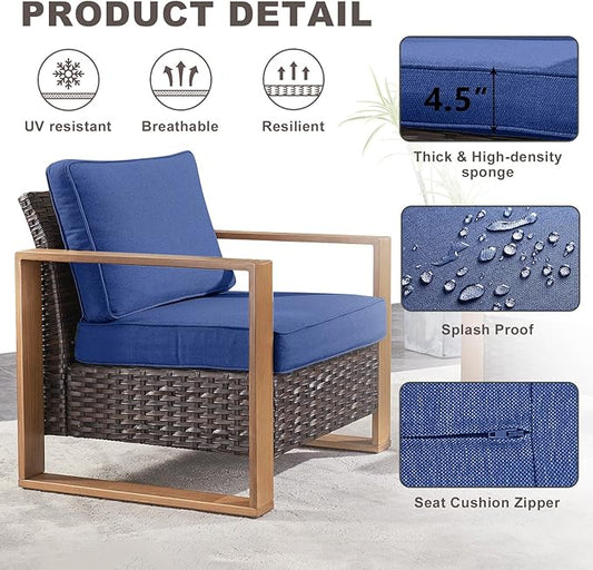 Rilyson Outdoor Wicker Patio Furniture Set - 4 Piece Patio Conversation Set with 2 Wicker Armrest Chairs,2 Rattan Ottoman, Sturdy Frame, Thick Cushions, Deep Seating(Brown/Blue)