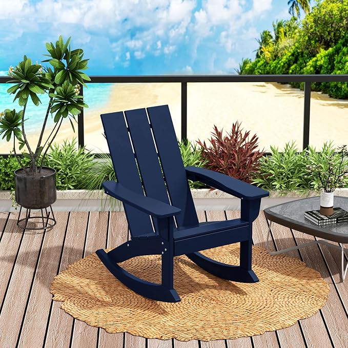 Costaelm Outdoor Adirondack Chair, All Weather Resistant Lawn Chairs Balcony Chair and Fire Pit Chairs, Patio Chair Outdoor Porch Rocking Chair High Back HDPE Poly Lumber, Navy Blue