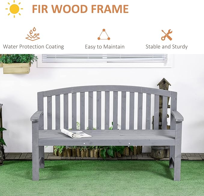 Outsunny 56" Outdoor Wood Bench, 2-Seater Garden Bench with Backrest and Armrest, Patio Bench for Patio, Porch, Poolside, Balcony, Gray