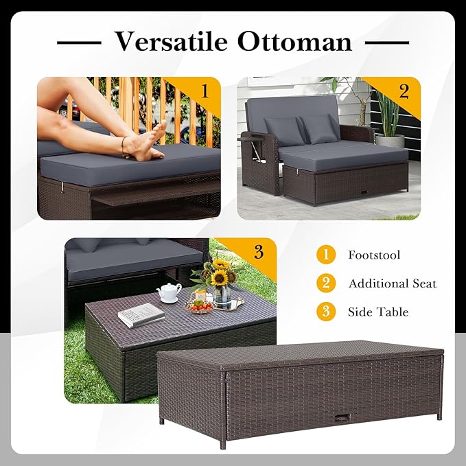 LDAILY Moccha Outdoor Daybed, Wicker Loveseat Sofa Set with 4-Postion Adjustable Backrest, Storage Ottoman, Cushions - Photo 5