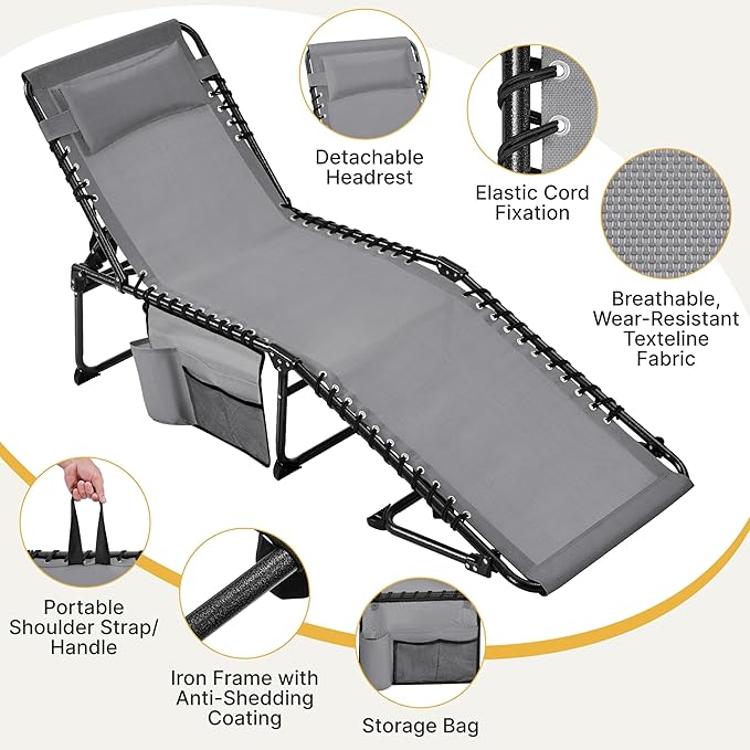 Yaheetech 22.4" Outdoor Folding Tanning Chair, Chaise Lounge Chairs with 5 Back Position Adjustable, Extended Portable Lounger for Beach, Patio, Gray