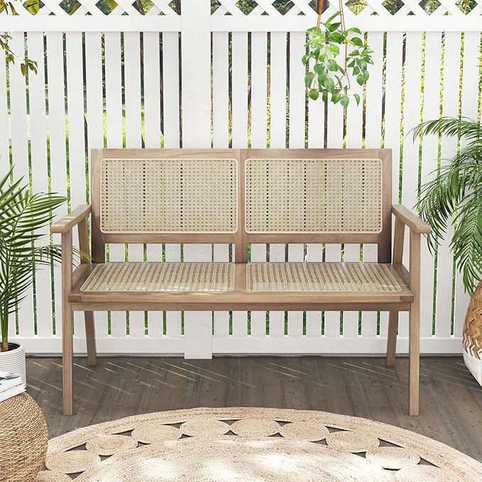Tangkula Outdoor Teak Wood Garden Bench, 2-Person Patio Bench with Armrests, Rattan Backrest & Seat - Photo 5