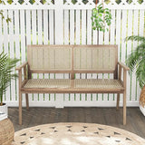 Tangkula Outdoor Teak Wood Garden Bench, 2-Person Patio Bench with Armrests, Rattan Backrest & Seat - Photo 5