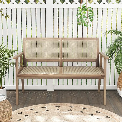 Tangkula Outdoor Teak Wood Garden Bench, 2-Person Patio Bench with Armrests, Rattan Backrest & Seat, Patio Garden Bench for Porch, Lawn, Balcony and Backyard, Natural