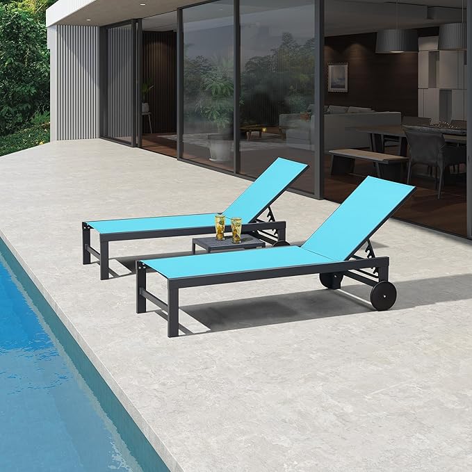 PURPLE LEAF Outdoor Chaise Lounge with Wheels for Outside 4 Pieces Aluminum Patio Lounge Chair with 5 Adjustable Position Recliner for Patio Beach Yard Pool Side Table Included Turquoise Blue