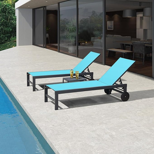 PURPLE LEAF Outdoor Chaise Lounge with Wheels for Outside 4 Pieces Aluminum Patio Lounge Chair with 5 Adjustable Position Recliner for Patio Beach Yard Pool Side Table Included Turquoise Blue