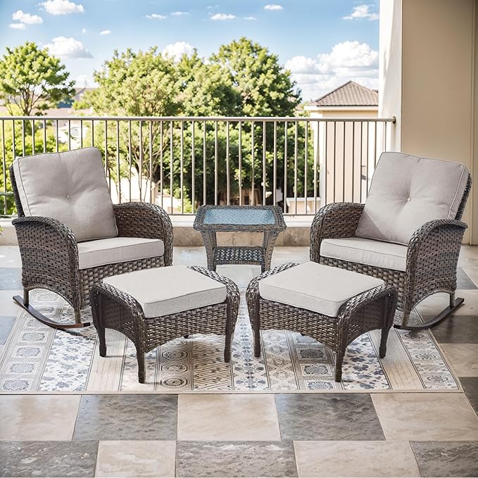 Patio Rocking Chair - 5 Peices Outdoor Wicker Rocker Porch Chair Set with Tempered Glass Side Table, and 2 Ottoman, Rattan Seating for Balcony Garden Brown/Beige