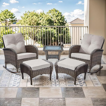 Patio Rocking Chair - 5 Peices Outdoor Wicker Rocker Porch Chair Set with Tempered Glass Side Table, and 2 Ottoman, Rattan Seating for Balcony Garden Brown/Beige