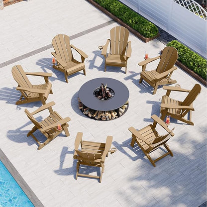 Folding Adirondack Chair with Cup Holders, HDPE Plastic Outdoor Chairs, Weather Resistant, Real Wood Look for Patio, Deck, Fire Pit, Backyard, Brown