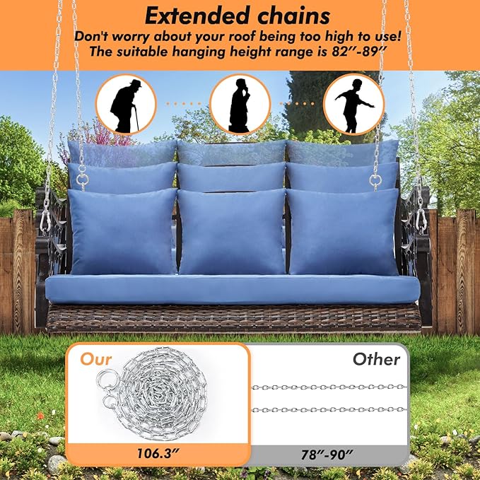 Heavy Duty 900 LBS Porch Swing Chair 3-Person Outdoor Rattan Patio Swing Lounge w/Cup-Holder & Steel Chains Wicker - Photo 5
