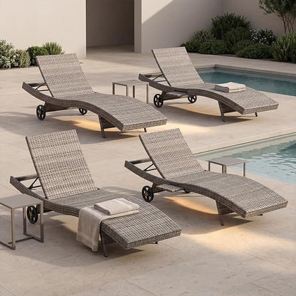 Set of 4 Gray Outdoor Chaise Lounge Chairs, Wicker Patio Lounge Chairs with Adjustable Backrest and Wheels, Durable PE Rattan Pool Chair for Patio, Poolside and Garden