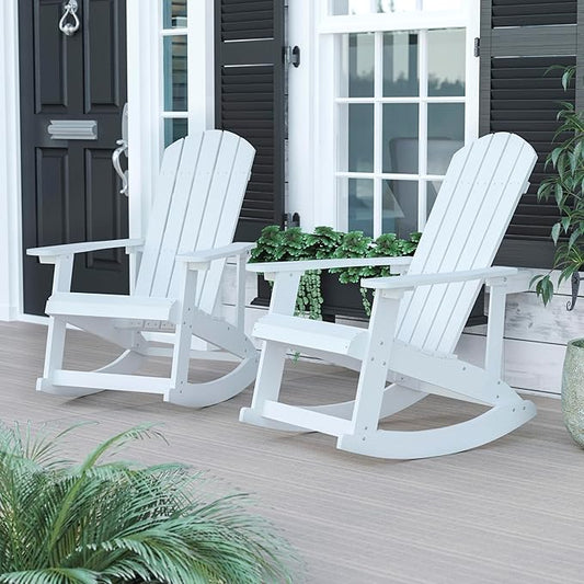 Flash Furniture Savannah Poly Resin Wood Adirondack Rocking Chair - All Weather White Polystyrene - Stainless Steel Hardware - Set of 2